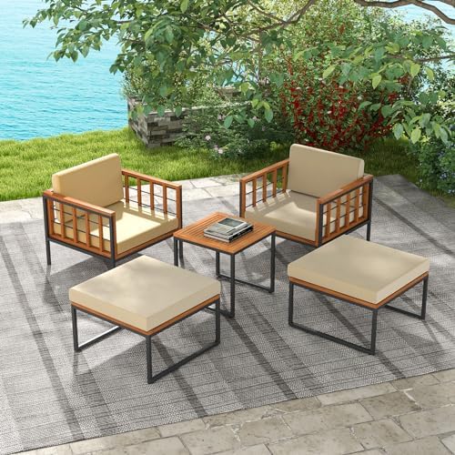 Tangkula 5 Pieces Acacia Wood Patio Furniture Set with Ottomans, Outdoor Conv...