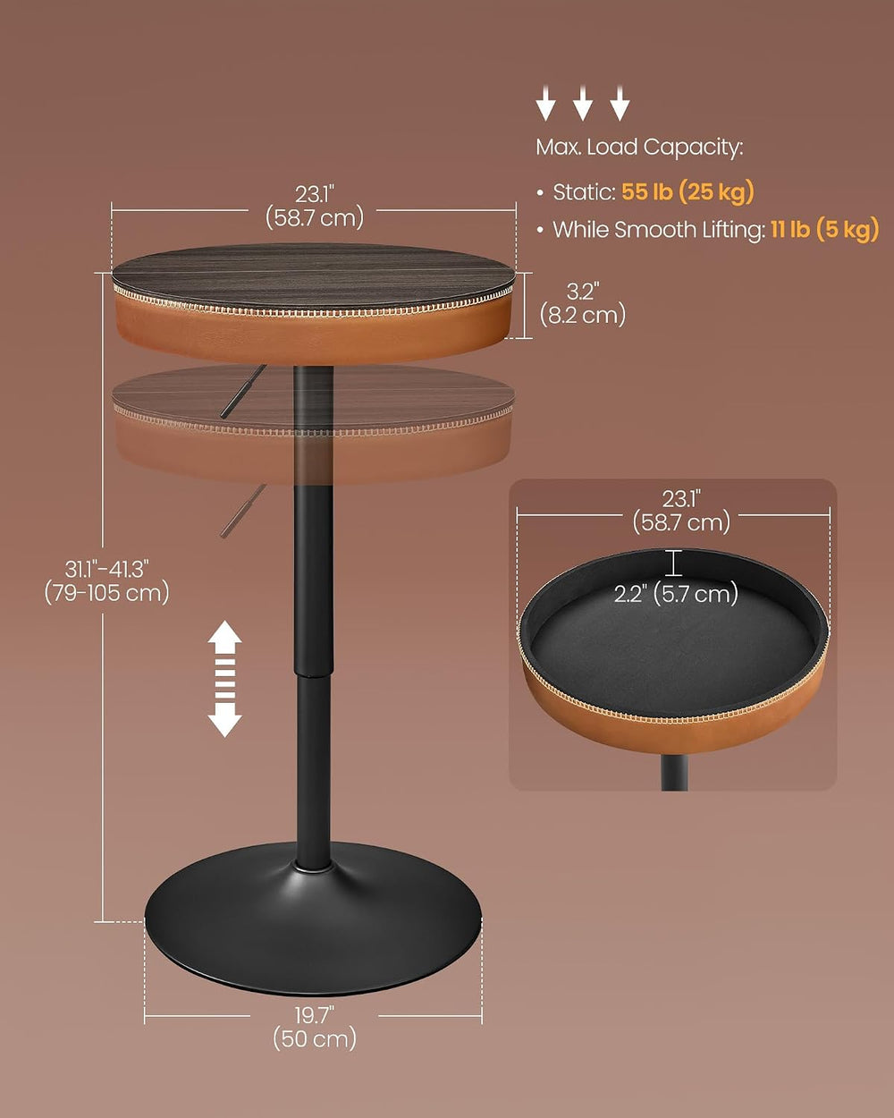 VASAGLE Height Adjustable Bar Table, Round High Pub Table with Storage