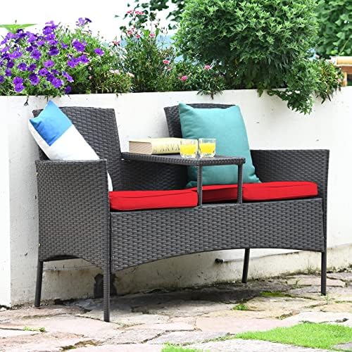 Tangkula Outdoor Rattan Loveseat, Patio Conversation Set with Cushions & ...