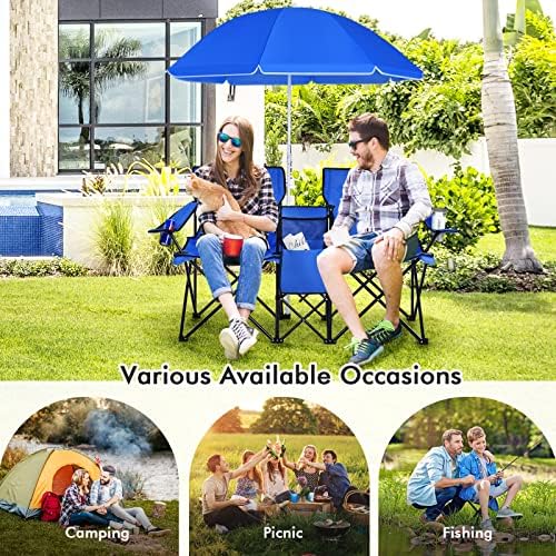 Goplus Double Camping Chair with Umbrella, Folding Loveseat Chairs w/Canopy S...