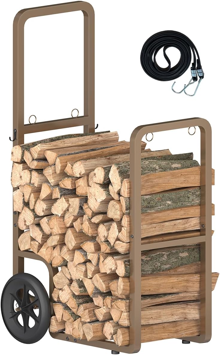 Easy-Assembly Firewood Cart, Rolling Log Carrier for Outdoor & Indoor Use...