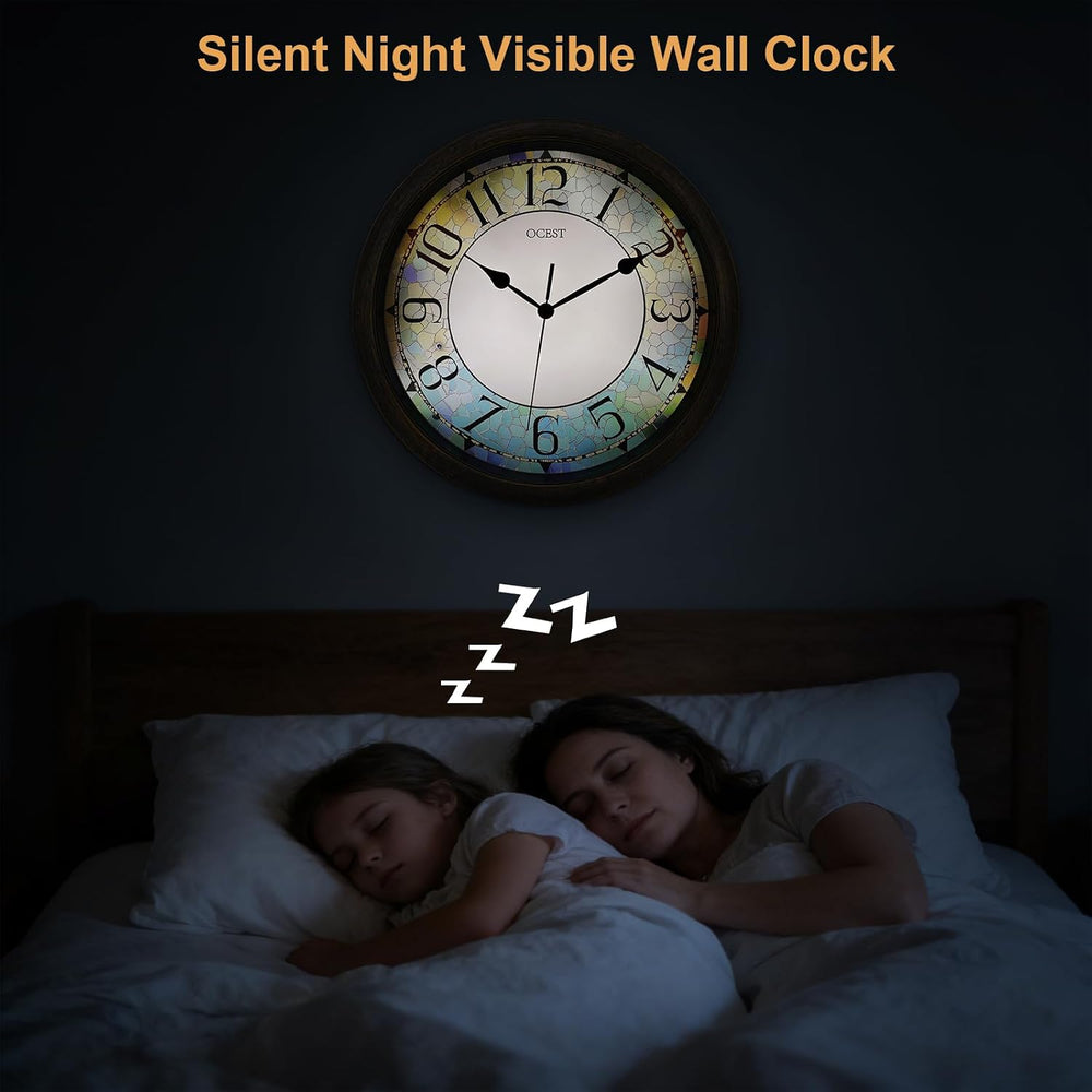 OCEST 13 Inch Illuminated Wall Clock, Glow in The Dark, Brown