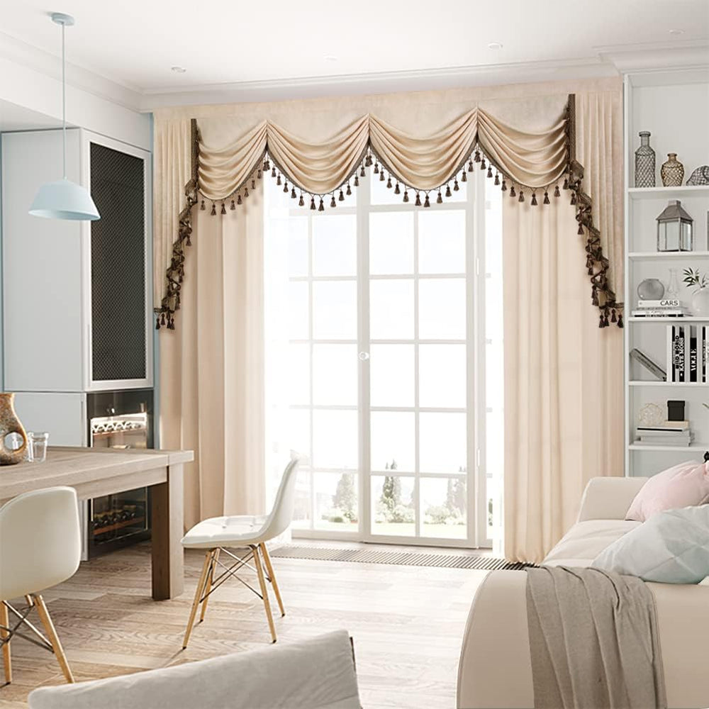 ELKCA Thick Chenille Window Room Curtains Valance for Living Room Beige Water...