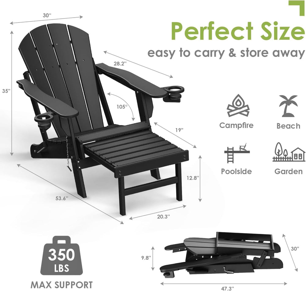 GREENVINES Folding Adirondack-Chairs-with-Ottoman Set of 2, HDPE, Black