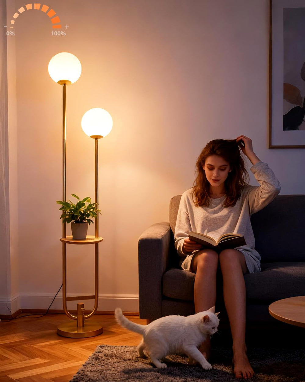 Lightdot 63IN Gold Floor Lamp with Table 2 Globe Mid Century Standing Lamps w...