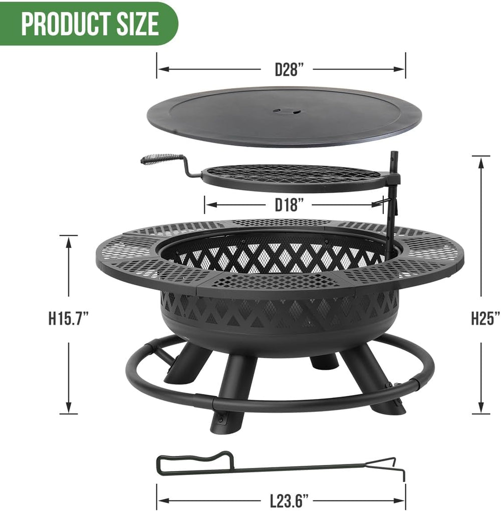Panovue 42 Inch Outdoor Fire Pit with Grill Wood Burning 3-in-1 Firepit