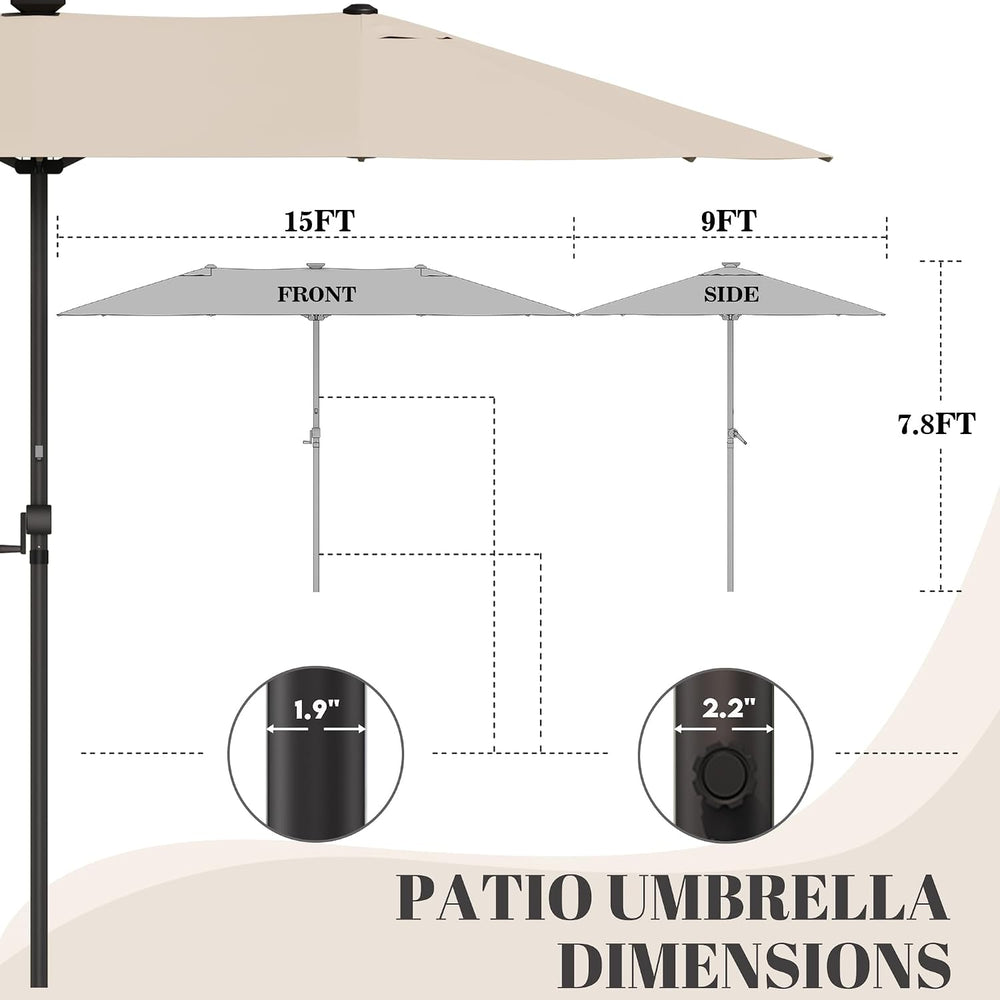 GDPFN 15ft Rectangular Patio Umbrella with Solar LED Lights, Double-Sided Out...