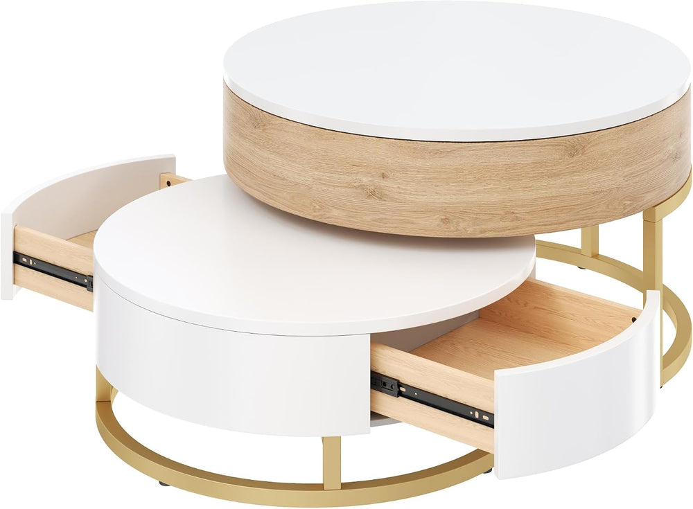 Modern Round Lift-top Nesting Coffee Tables with 2 Drawers for Living Room Wh...