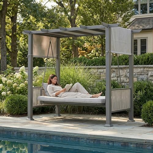 Pamapic 2-in-1 Convertible Porch Swing Bed, 3-Seat Elegant Patio Swing with W...
