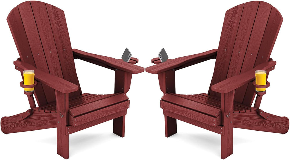 SERWALL Outdoor Adirondack Chair Set of 2 with 2 Cup Holders,Foldable,Red
