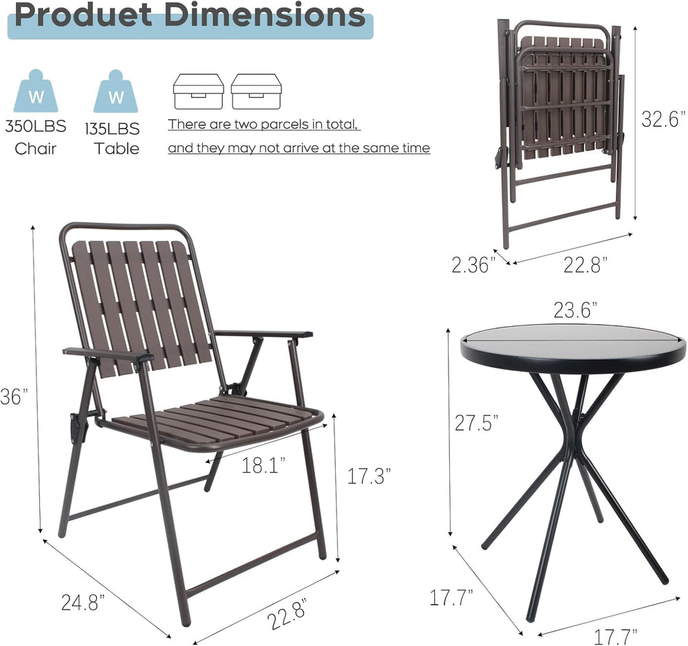 3 Pieces Patio Bistro Set Folding Small Table Chairs Set for 2 Outdoor Bistro...