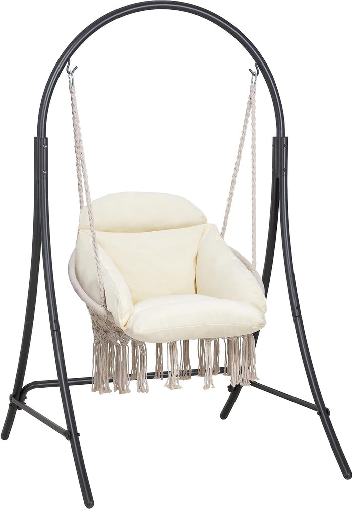 ANOW Outdoor Hanging Hammock Chair with Stand, Natural Macrame Swing Chair