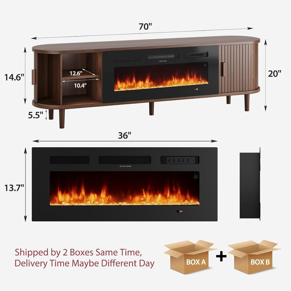 70" Mid Century Modern TV Stand with Fireplace, Fluted Fireplace TV Stan...