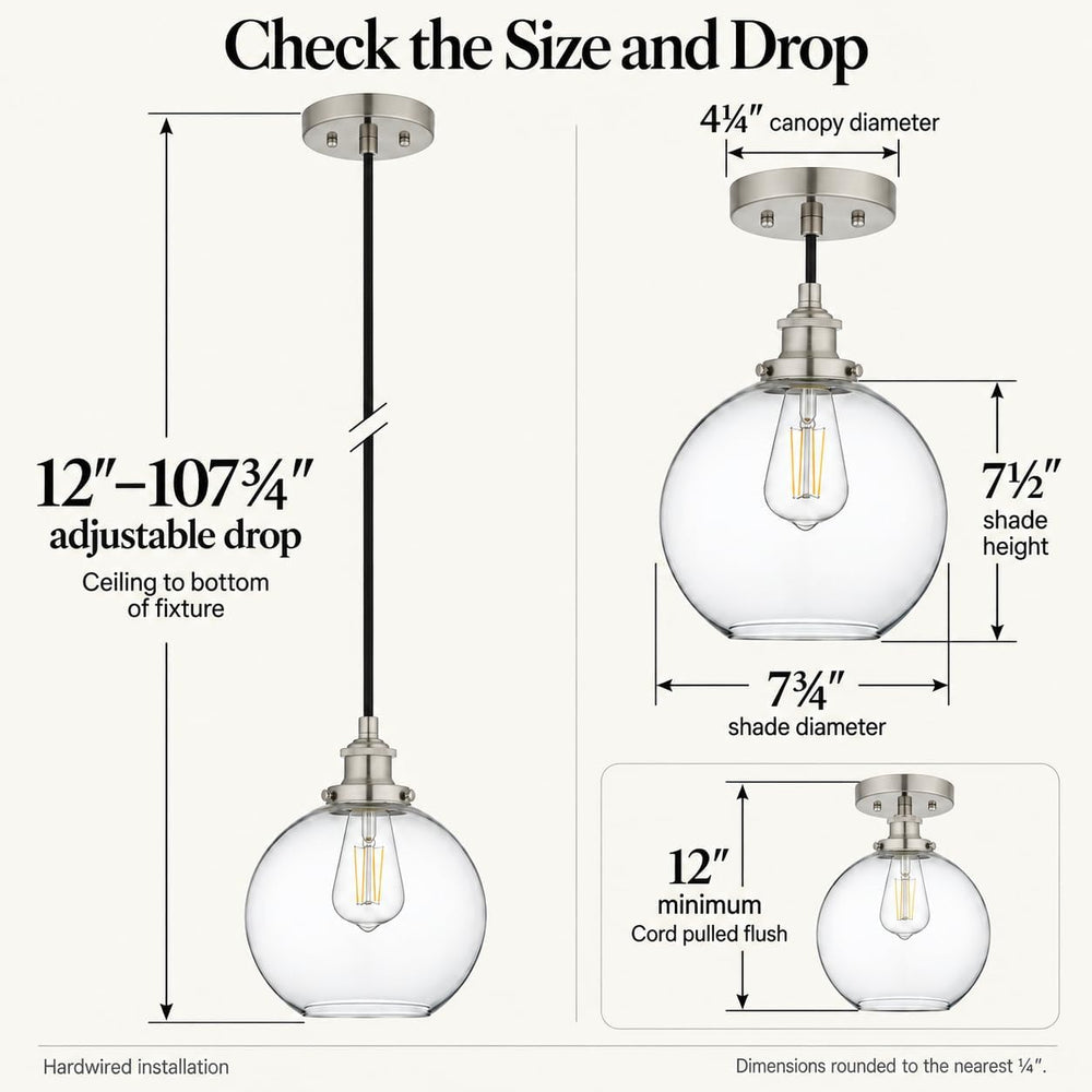 Primo Brushed Nickel Glass Globe Pendant Light, Kitchen Island, LED Bulb
