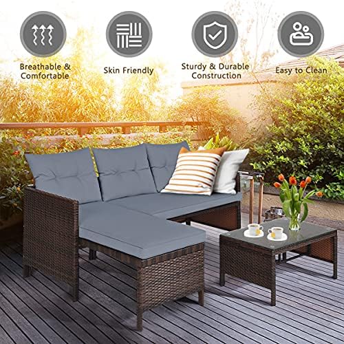 RELAX4LIFE 3-Piece Patio Furniture Set, Outdoor Wicker Sectional Sofa Set w/W...
