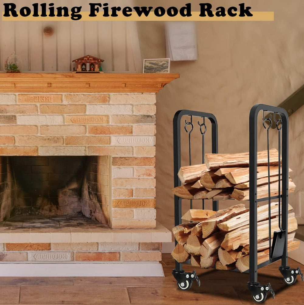 2-Tier Fireplace Firewood Rack Holder for Indoor Outdoor, Small Fire Wood Hol...