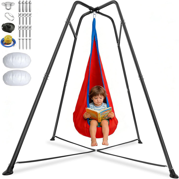 Sensory Swing Stand with Pod Swing, Metal Sensory Swing Set Frame for Indoor Outdoor Backyard (Red)