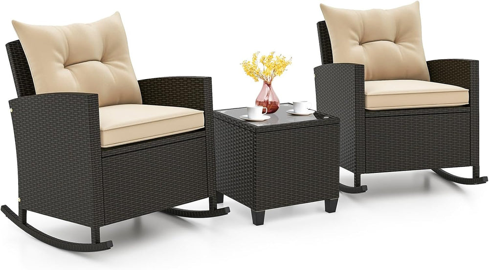 KOTEK 3 Piece Patio Furniture Rocking Bistro Set, Wicker Outdoor Rocking Chai...