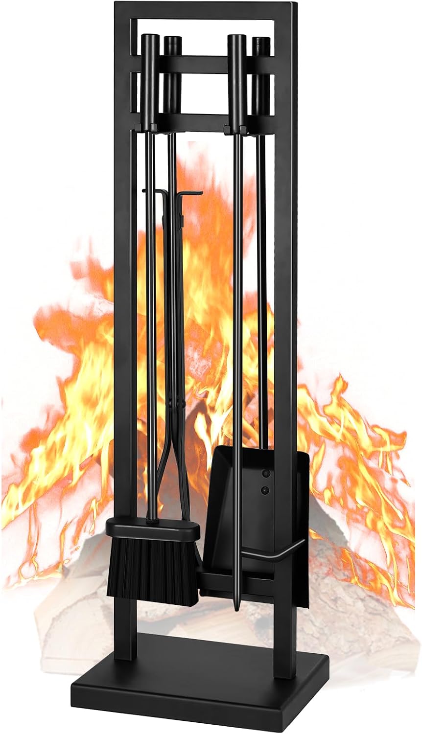 FEED GARDEN 5-Piece Fireplace Tool Set, 30" One-Piece Stand, 10mm Solid