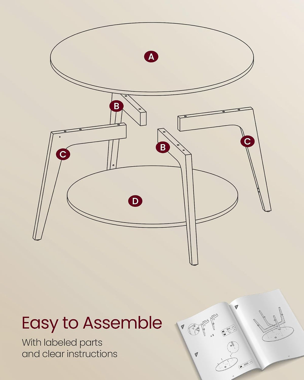VASAGLE Round Coffee Table, 2-Tier Center Table with Storage, Tapered Legs