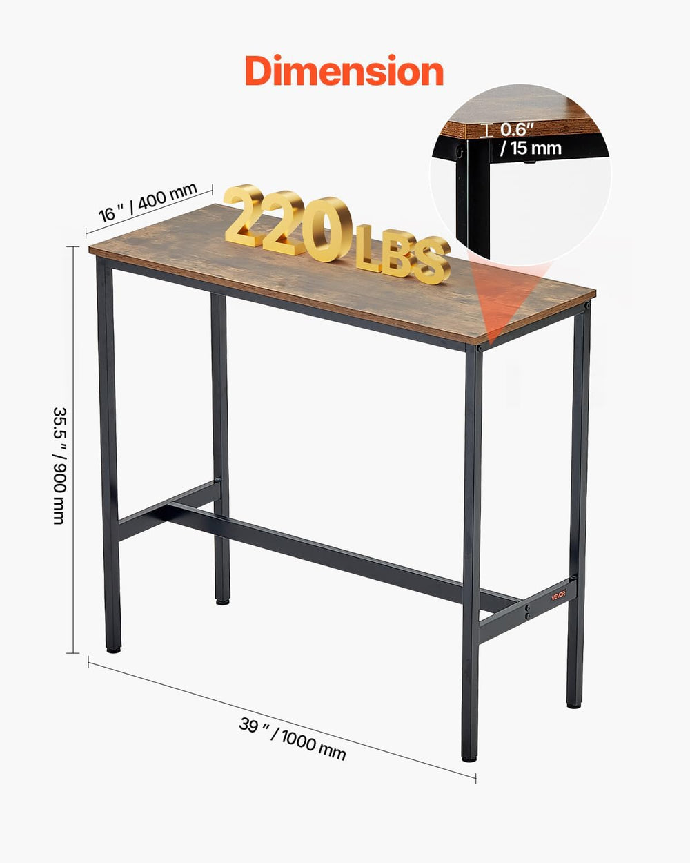 VEVOR Bar Table, Sturdy Metal Frame High Top Pub Table, Narrow Long Kitchen D...
