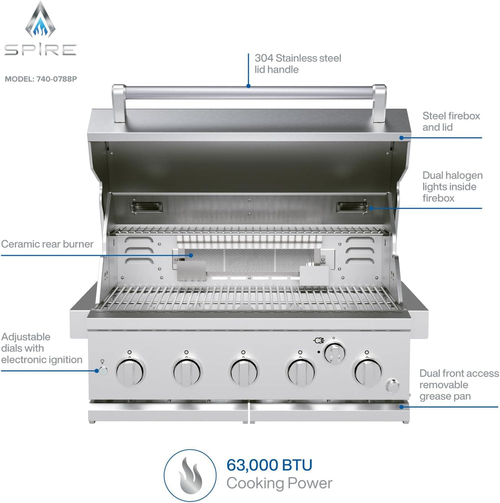 SPIRE 30" Built-In 5 Burner Dual Fuel Grill, All 304 Stainless Steel Body