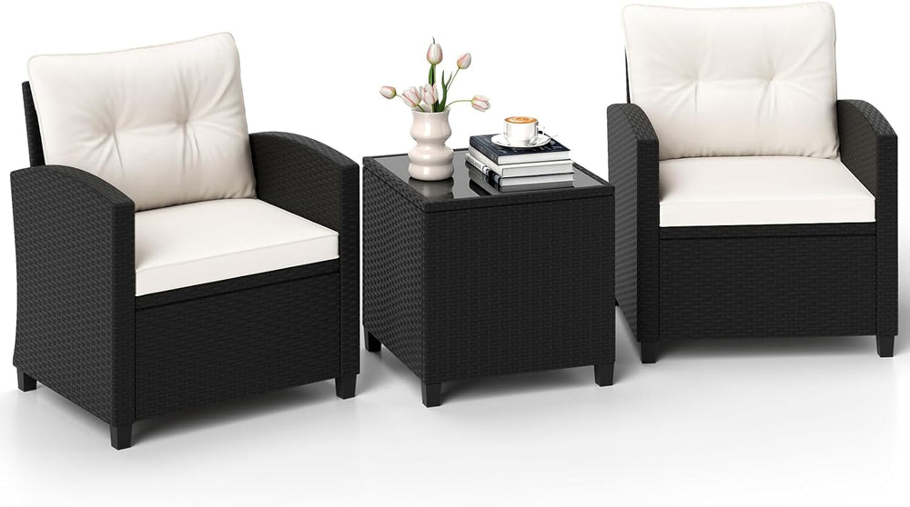 ORALNER 3 Pieces Patio Furniture Set, Black Wicker Bistro Set (White)