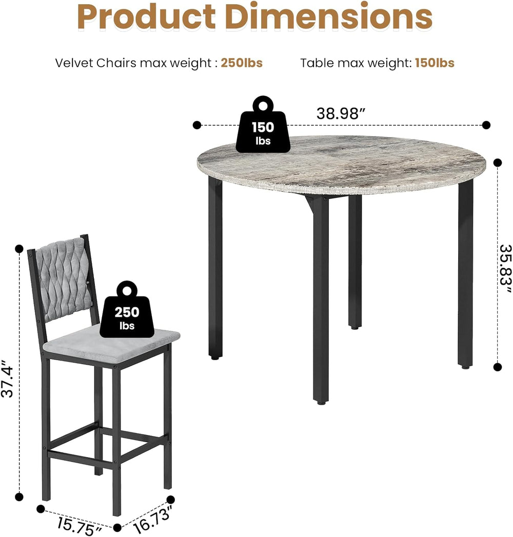 AWQM Round Dining Table Set for 4, Gray Hand-Woven Velvet Bar Stools(Gray)