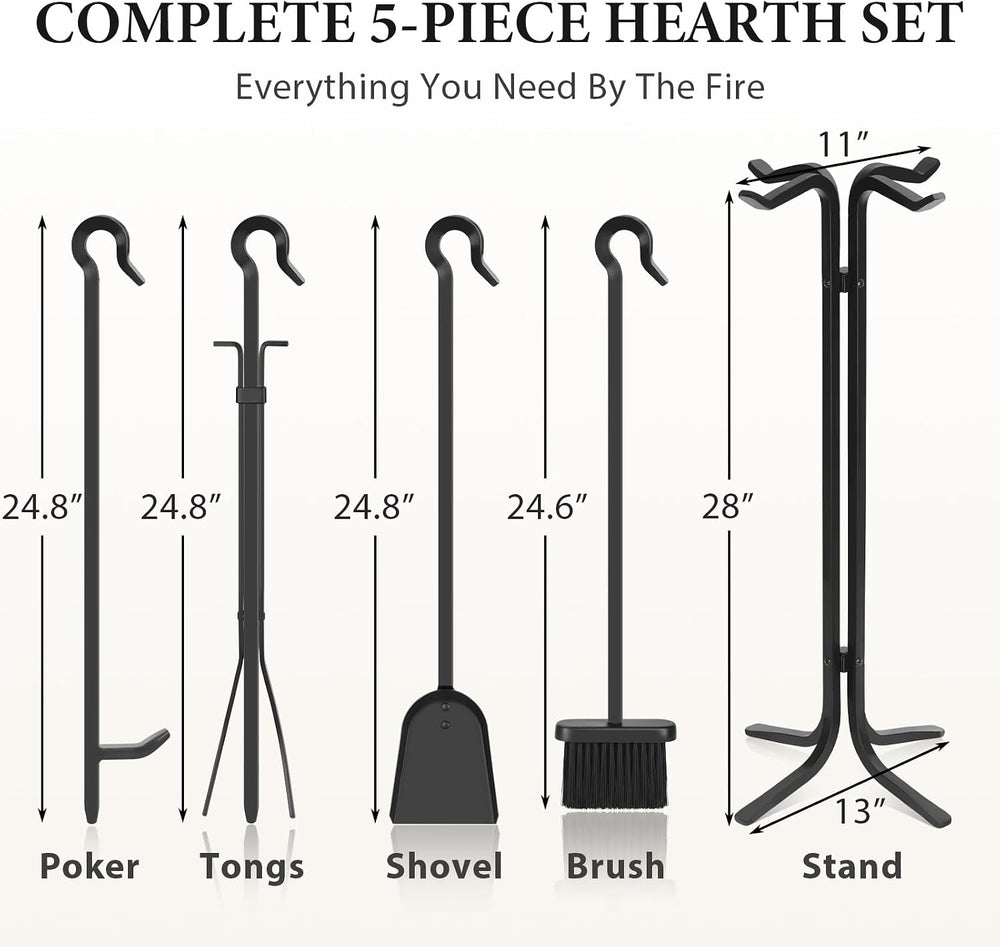 FEED GARDEN Hand Forged Fireplace Tool Set with Stand, Wrought Iron 5 Piece 2...