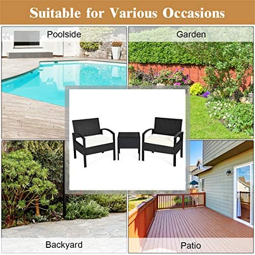 Tangkula 3 Piece Patio Conversation Set, Outdoor Rattan Sofa Set with White S...