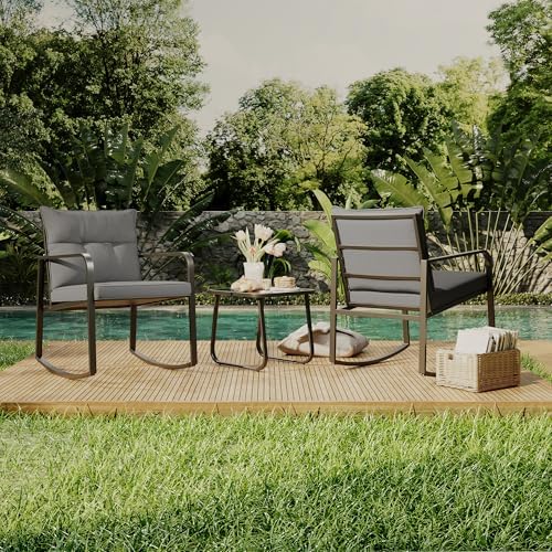 Gizoon 3 Piece Rocking Bistro Set, Black Steel Patio Furniture,Grey Cushion