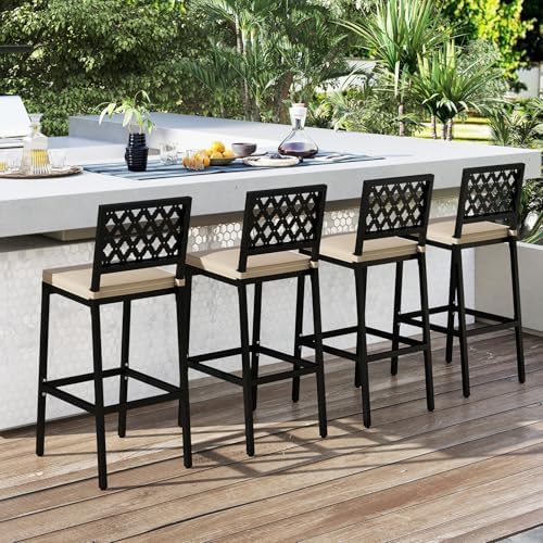 COSTWAY Outdoor Bar Chairs Set of 2 with Heavy-Duty Metal Frame and Cushion