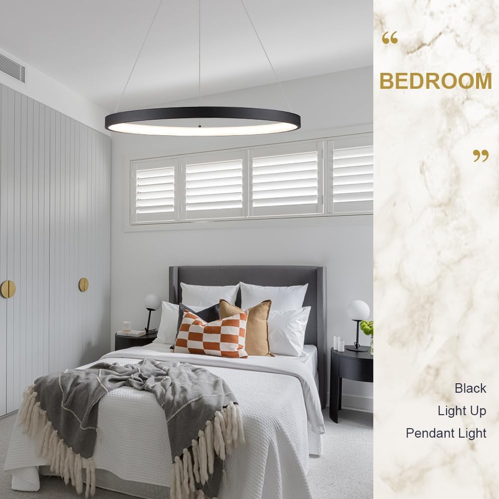Modern LED Pendant Light Black Ring Chandelier 24" Dimmable Flush Mount ...