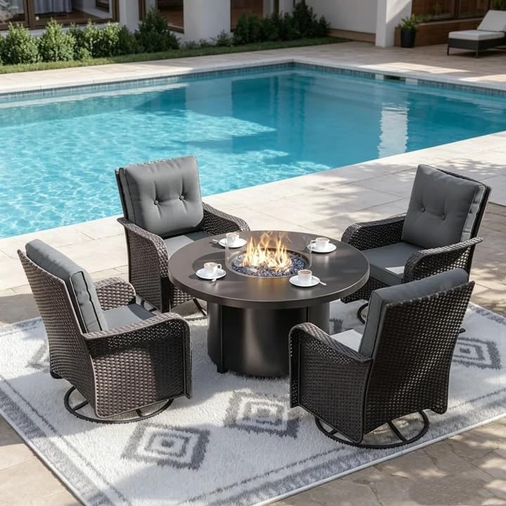 ALAULM 7-Piece Outdoor Swivel Rocking Chair Set with 40,000 BTU Round Fire Pi...