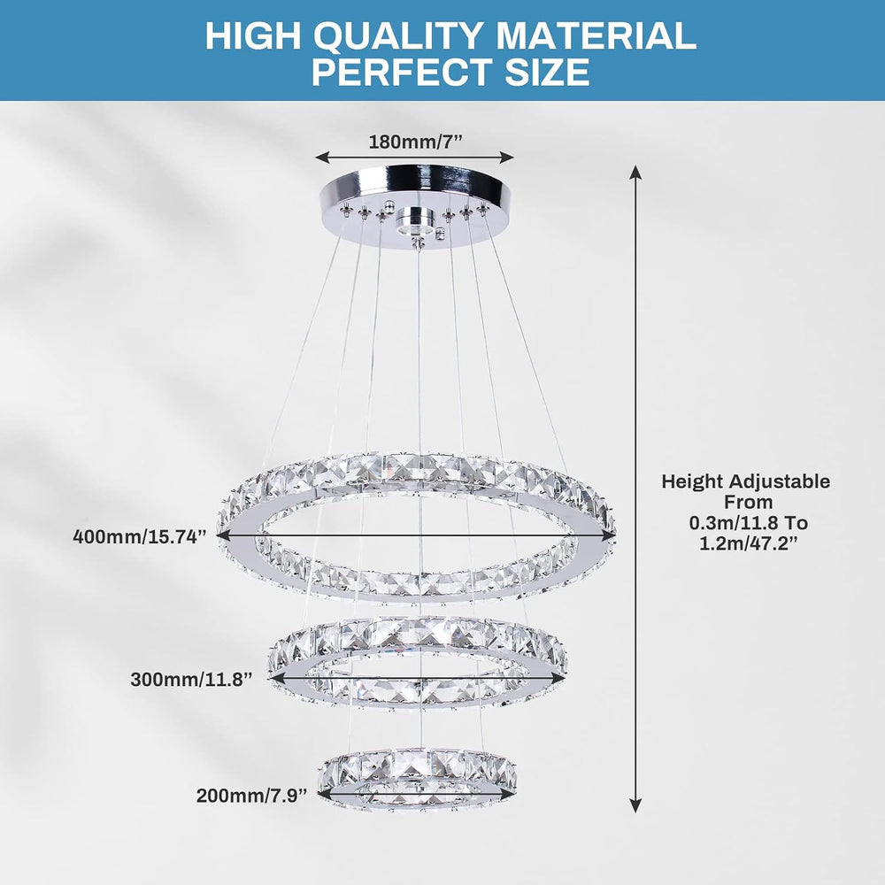 3-Ring Crystal Pendant Light, Adjustable LED, Cool White
