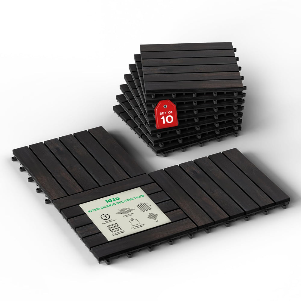 Idzo Interlocking Deck Tiles 9.6 SQFT - 10PCS Waterproof Acacia Wood Patio Ti...