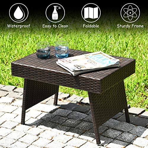 LDAILY Outdoor Side Table, Portable Wicker Coffee Table with Rattan and Steel...