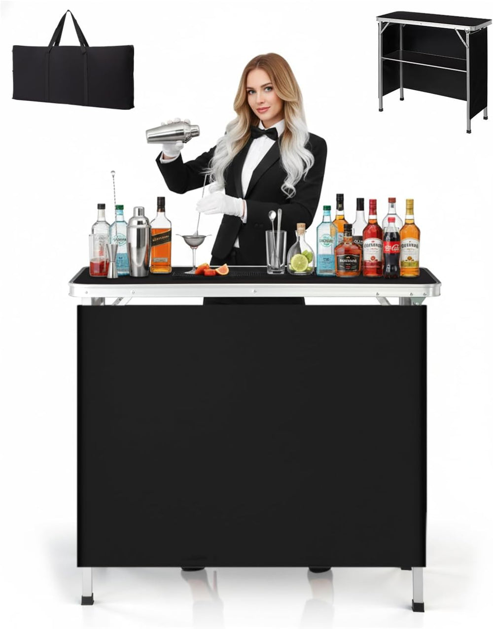 Outvita Portable Bar Table with 2 Tier Shelves & Black Skirt for Party