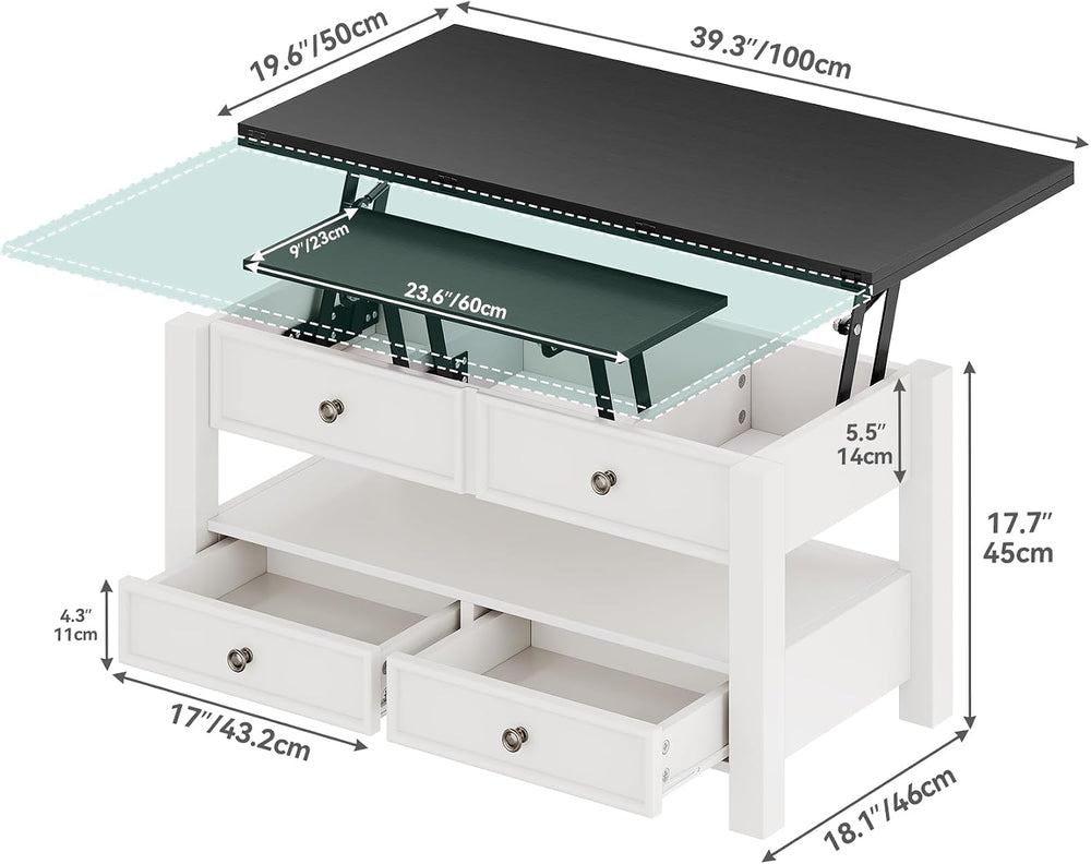 YITAHOME 4-in-1 Lift Top Convertible Coffee Table with Drawers, Black Top