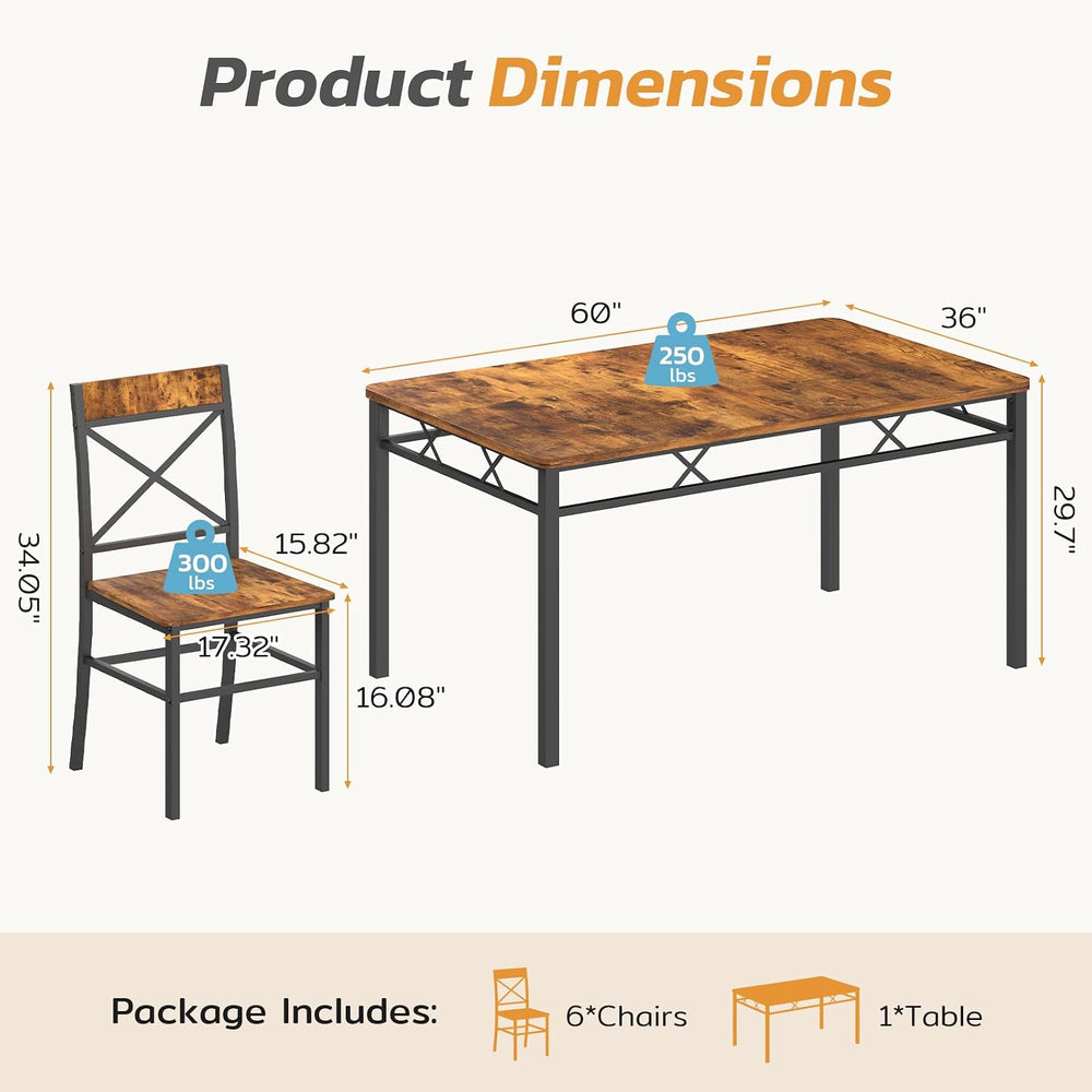 Zevemomo 7-Piece Dining Table Set, Kitchen Table Chairs Set of 6, Brown