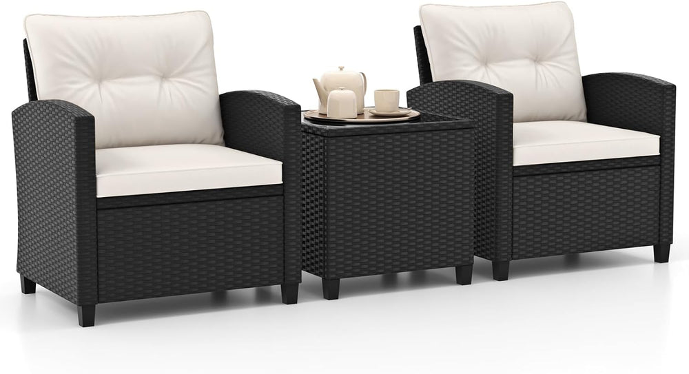HAPPYGRILL 3 Pieces Wicker Patio Conversation Set, PE Rattan Bistro Sofa Set ...
