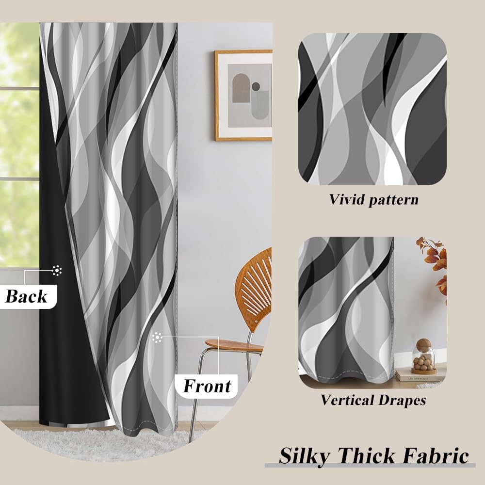Modern Abstract Grey Striped Blackout Curtains Black and Grey Ombre Window Cu...