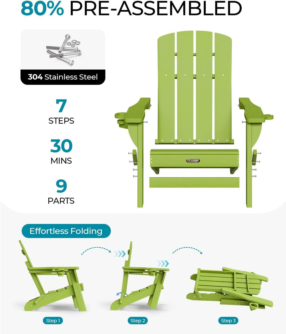Folding Adirondack Chairs Set of 2, HDPE, 2 Cup Holders, Lime