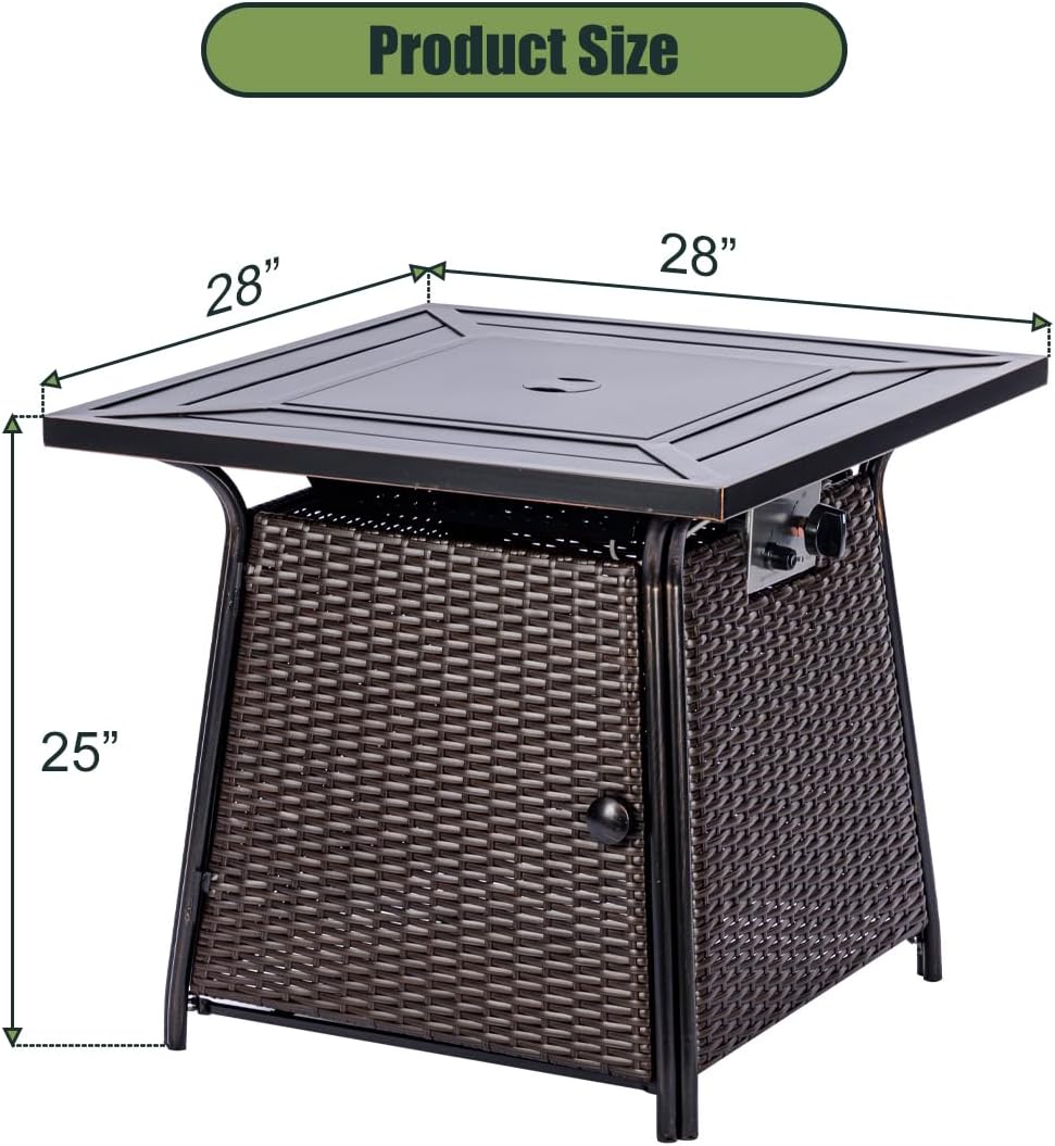 OutVue 28 inch Wicker Rattan Propane Fire Pit Table,50000 BTU Gas Fire Pit