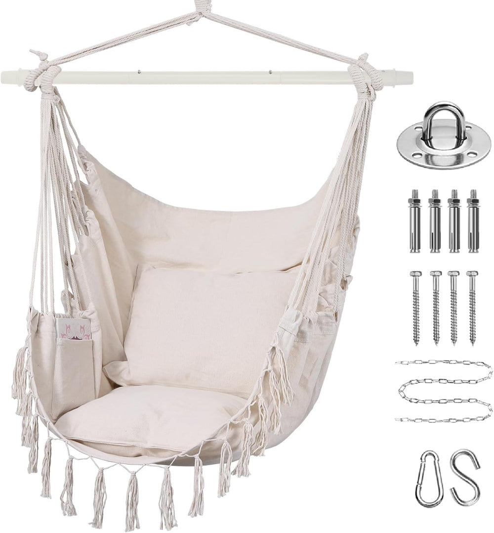 Goutime Hammock Chair,Hanging Rope Ceiling Swing with 2 Cushions, Macrame Boh...