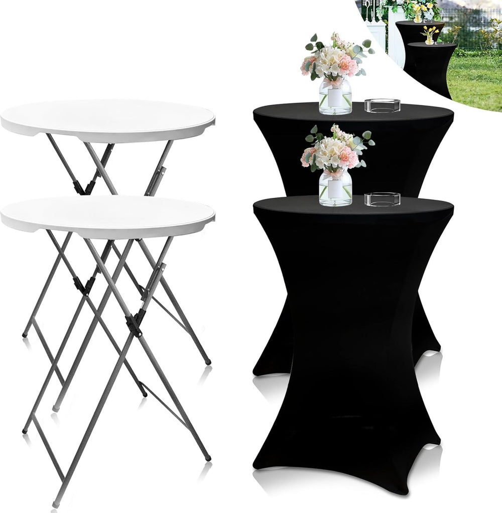 2 Sets 32in Folding Cocktail Tables+Black Cocktail Table Covers