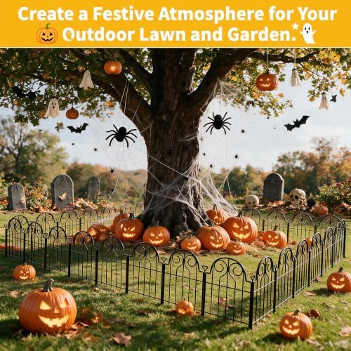 Decorative Garden Fence 17in x 10ft,10 Panels,Metal Halloween Fence Black