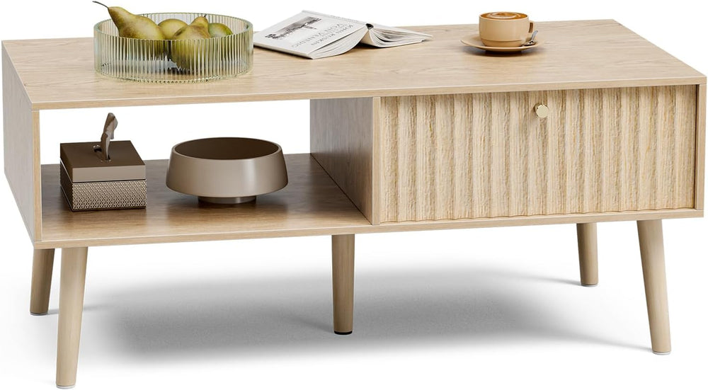 LCRBOL Coffee Table with Fluted Drawer, Modern, Oak
