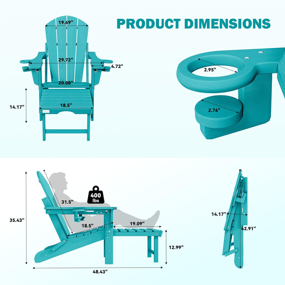 Mdeam HDPE Folding Adirondack Chairs Set of 2, 3-Level 400 lbs, Aruba Blue