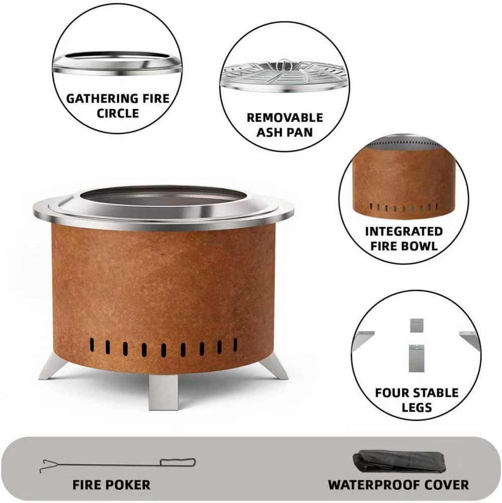 Verdeluxe 22 Inch Smokeless Fire Pit Stainless Steel Firepit with Cover